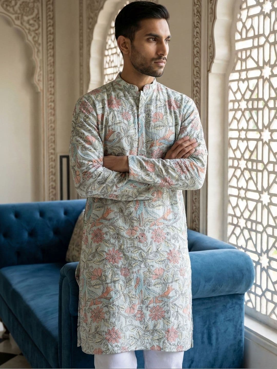 Anouk Men Floral Printed Thread Work Kurta - view 1