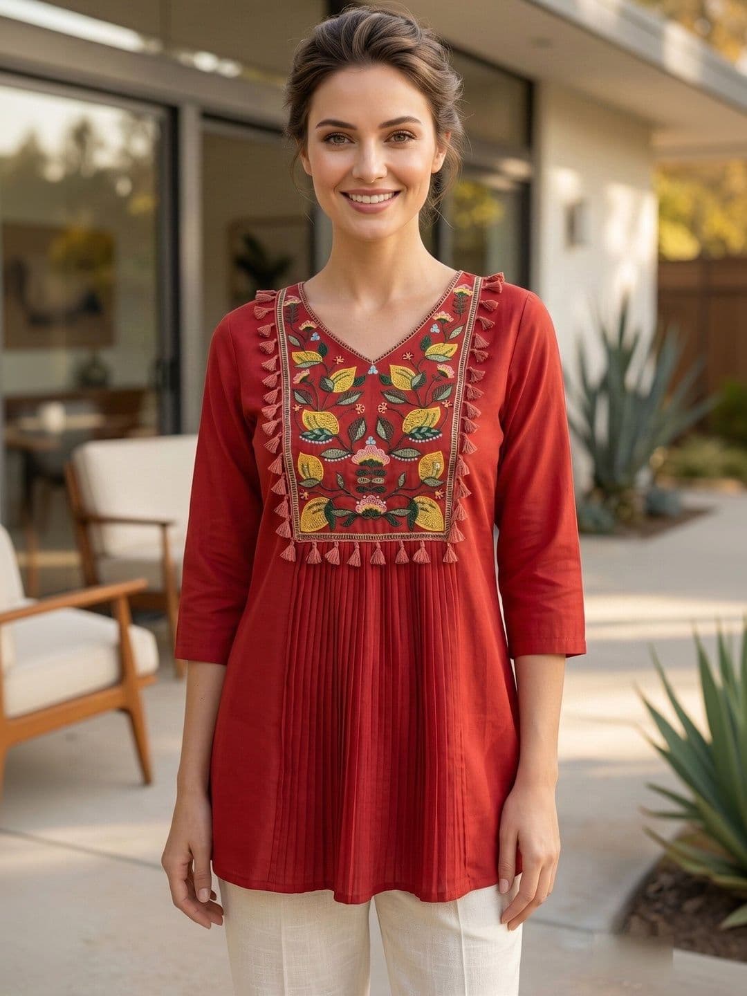 DSK STUDIO Floral Embroidered V-Neck Thread Work Thread Work Pleated Kurti - view 1
