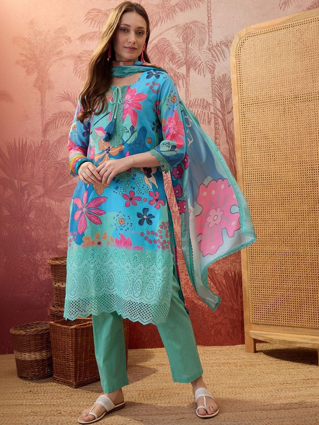 Sangria Floral Printed Round Neck Lace Hem Kurta & Trousers With Dupatta - view 1