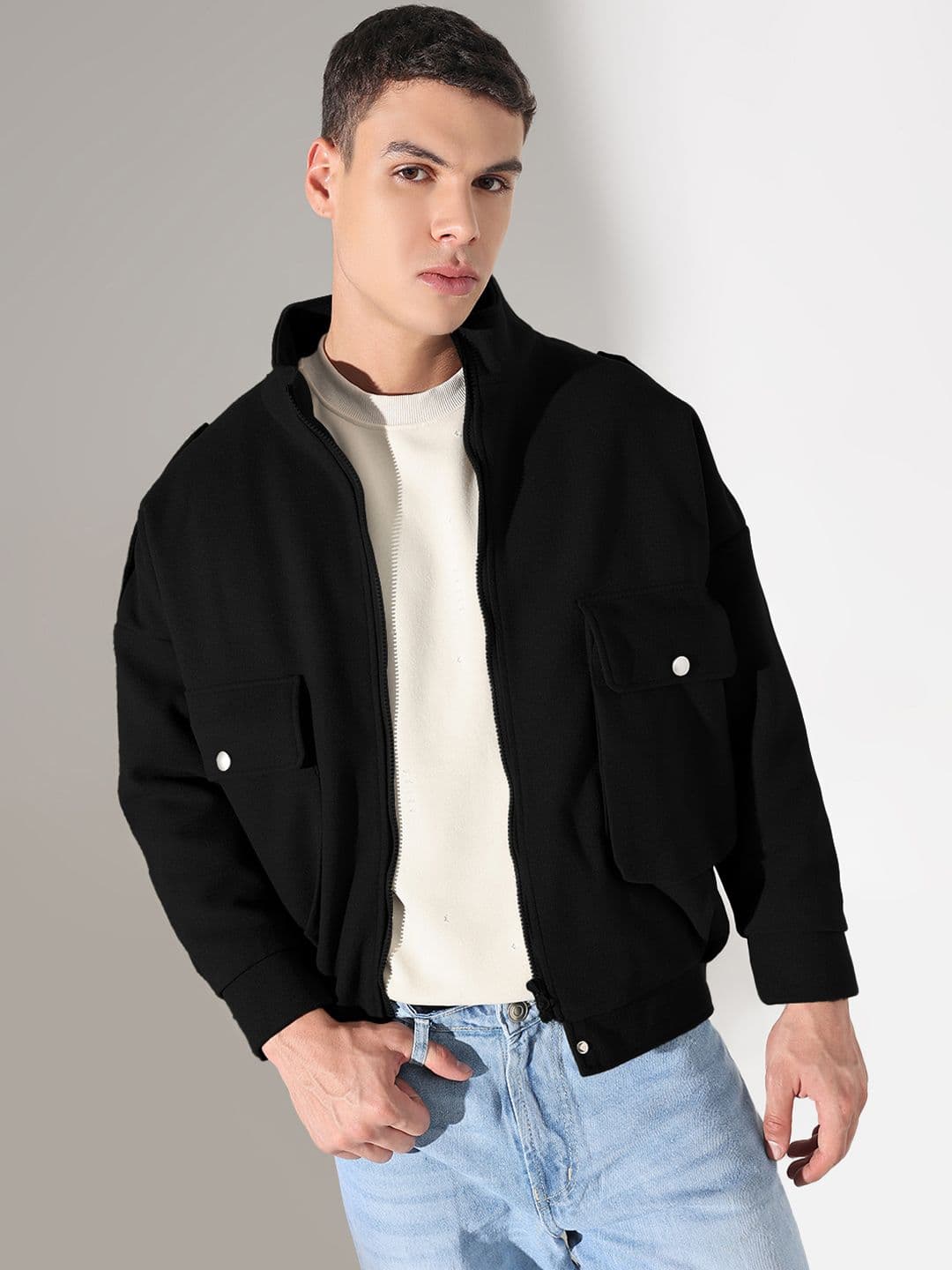 SHOWOFFFF Men Mock Collar Solid Fleece Lightweight Bomber Jacket - view 1