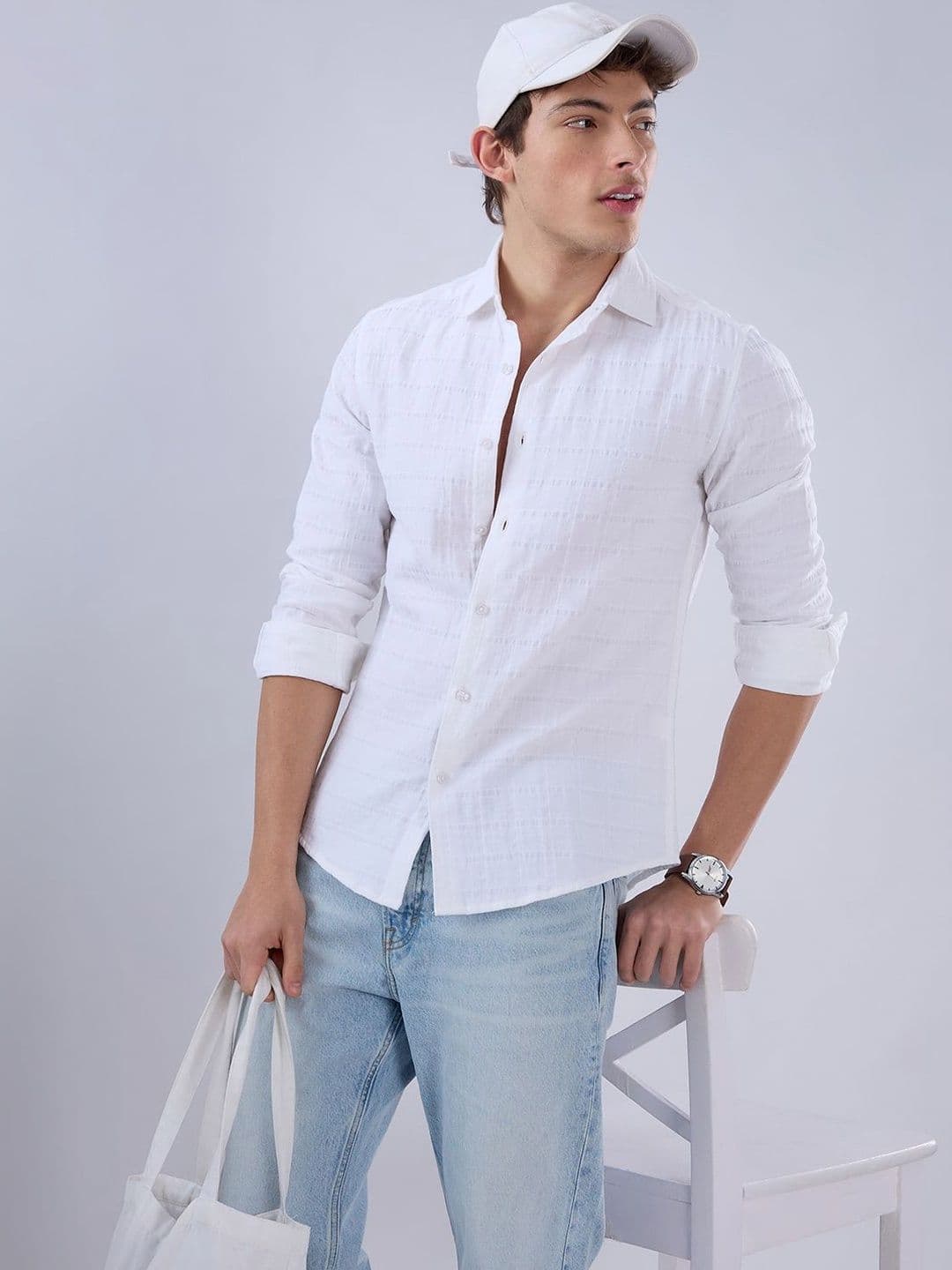 VASTRADO Luxe Pearl White Double Coth Checked Shirt - view 1