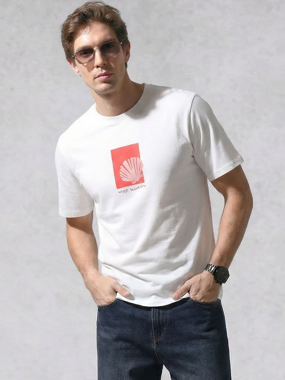 WROGN Printed Drop-Shoulder Sleeves Pure Cotton Relaxed Fit T-shirt - view 1