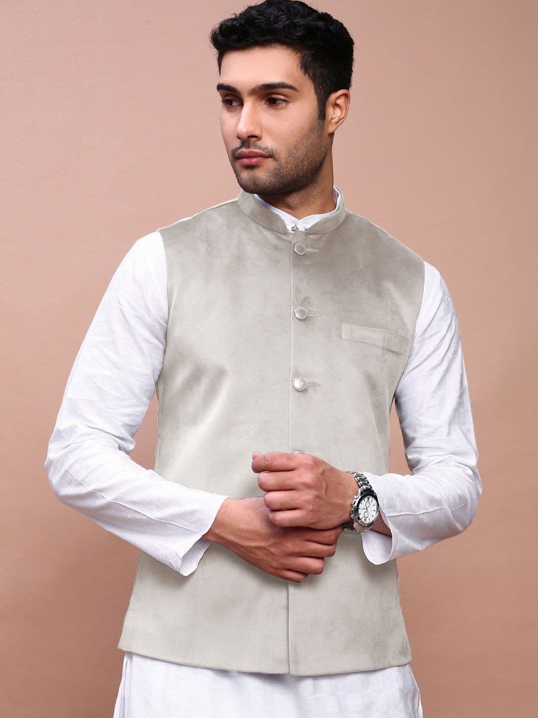 SHOWOFFFF Velvet Mandarin Collar Linen Nehru Jacket - view 1