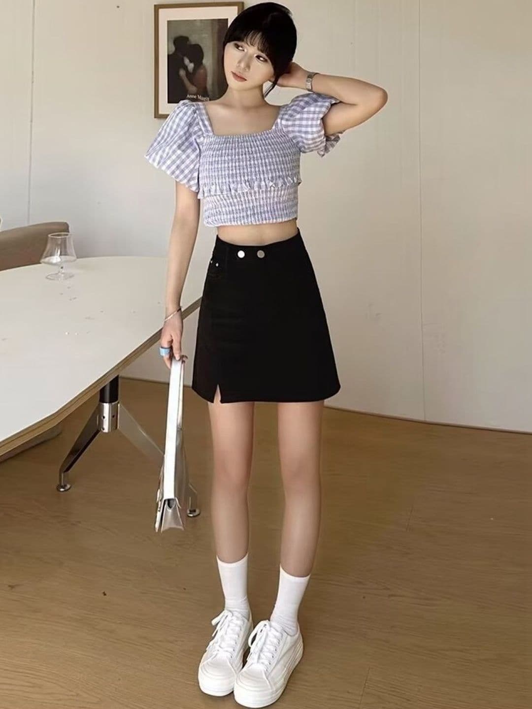 Suo Women Cotton Side Slit Above Knee A-Line Skirt - view 1