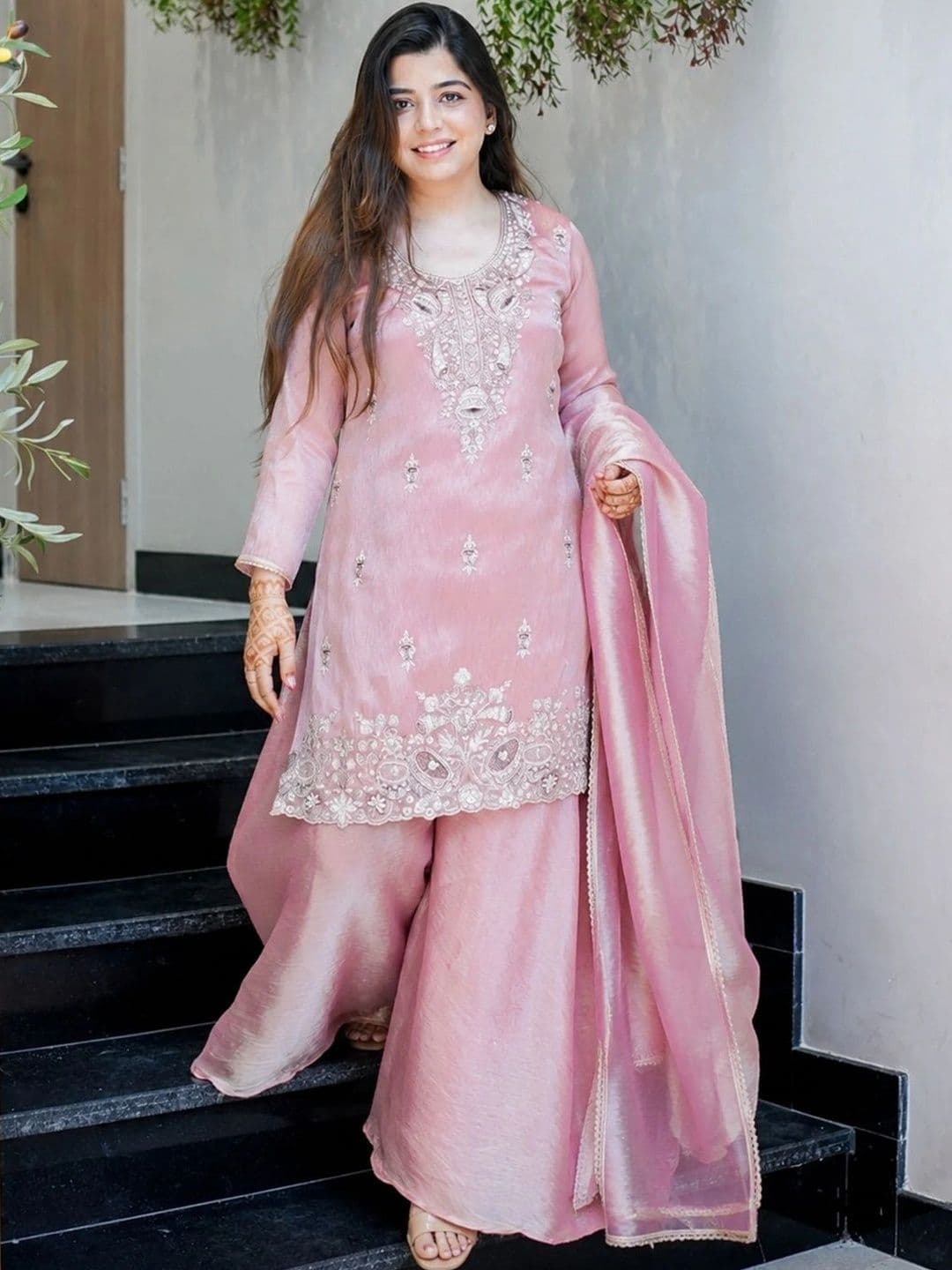 ZONFAB Women Ethnic Motifs Embroidered Regular Thread Work Kurta with Sharara & With Dupatta - view 1