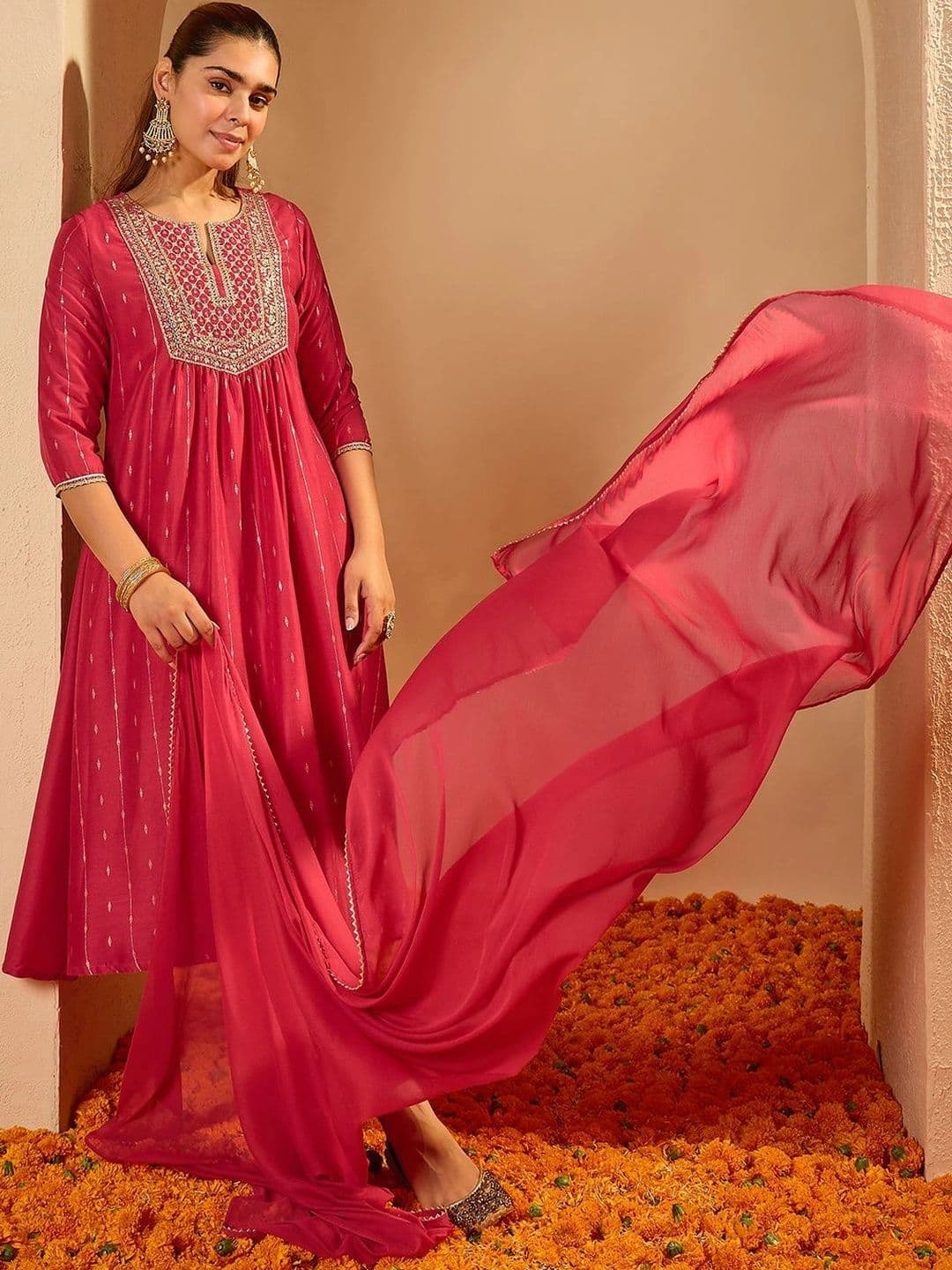 Janasya Women Floral Tiered Sequinned Kurta with Trousers & With Dupatta - view 1