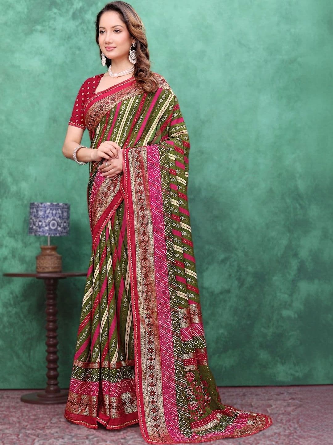 KANURIKAA Striped Zari Poly Georgette Leheriya Saree - view 1