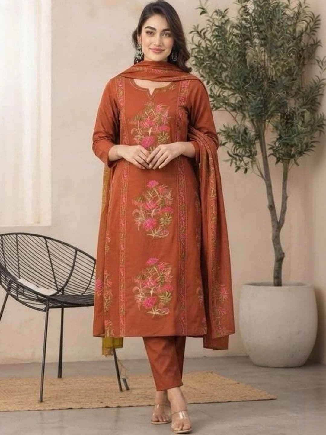 KALINI Women Floral Embroidered Regular Thread Work Pure Cotton Kurta with Trousers & With Dupatta - view 1