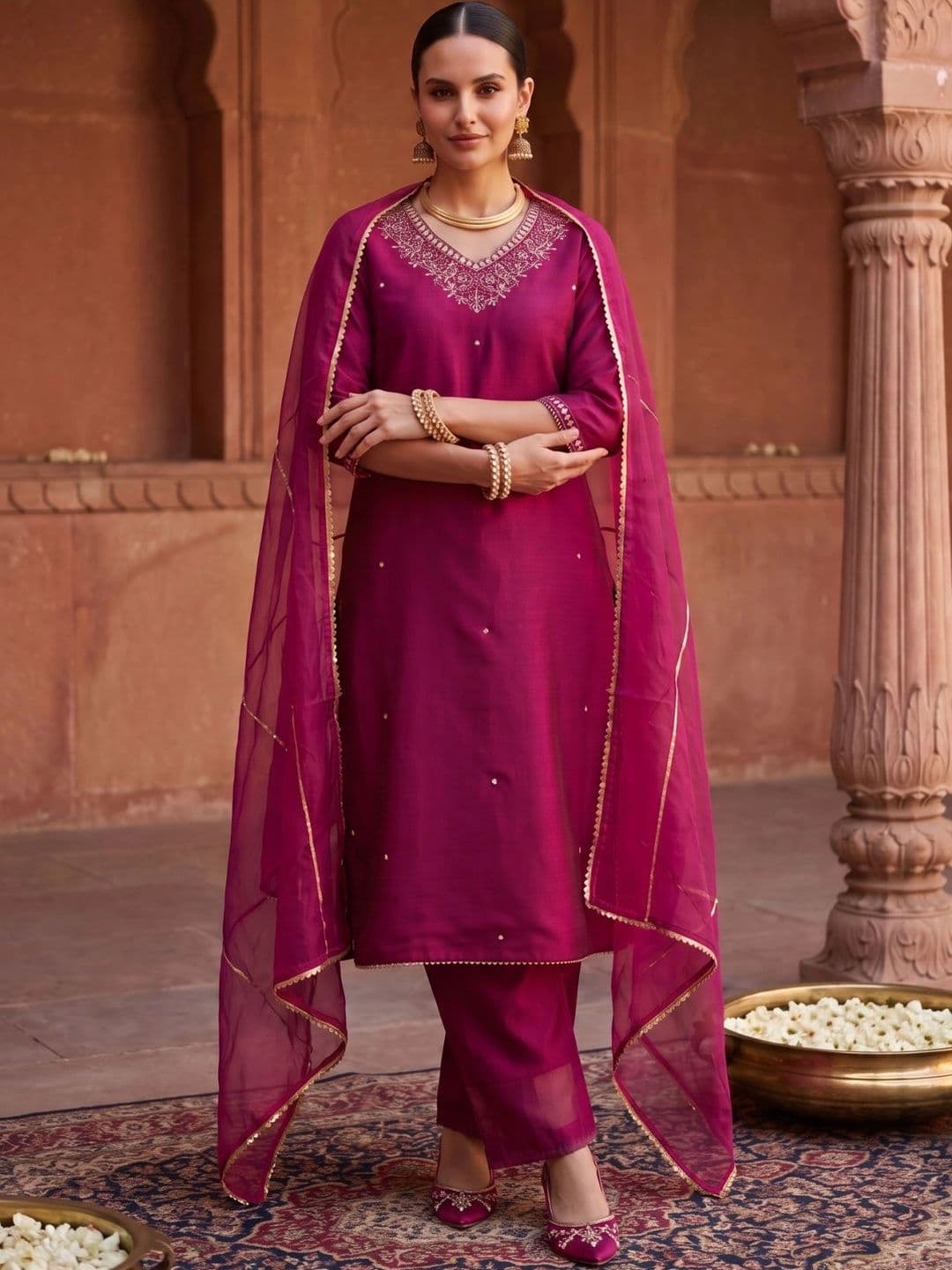 Azira Floral Embroidered V-Neck Straight Kurta With Trousers & Dupatta - view 1
