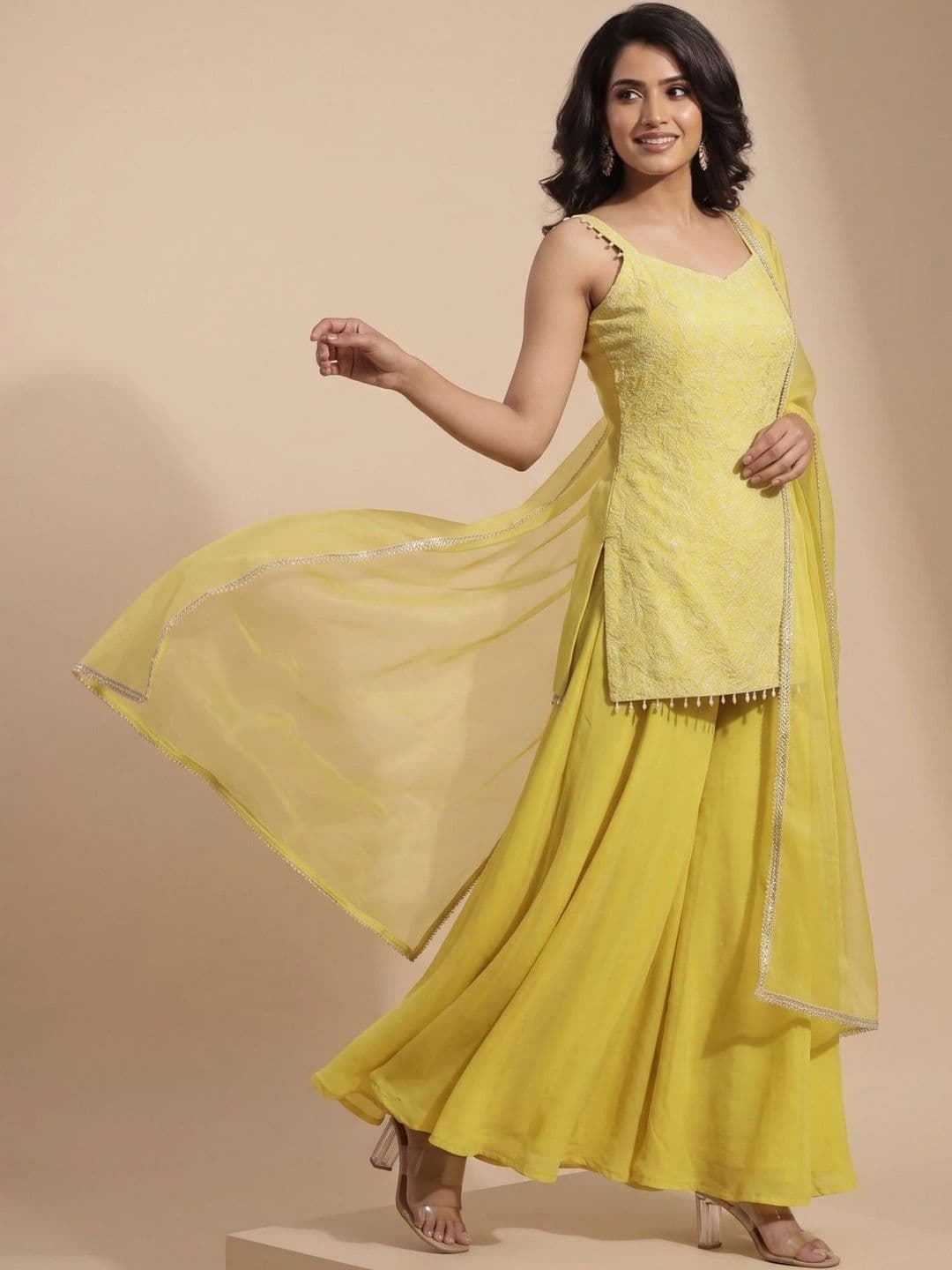 HERE&NOW Women Ethnic Motifs Embroidered Regular Kurta with Sharara & With Dupatta - view 1