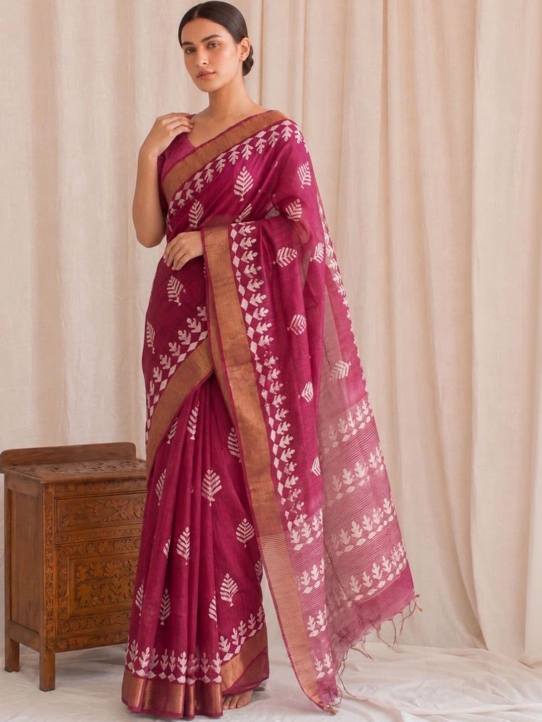 Anouk Ombre Zari Pure Cotton Block Print Saree - view 1