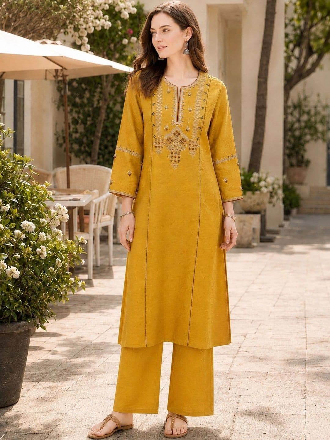 Nayam By Lakshita Women Ethnic Motifs Embroidered Regular Thread Work Kurta with Palazzos - view 1