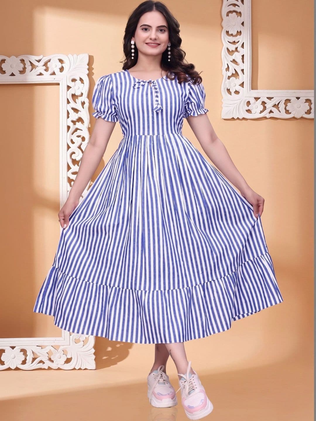 QENA Striped Tie-Up Neck Puff Sleeve Fit & Flare Dress - view 1