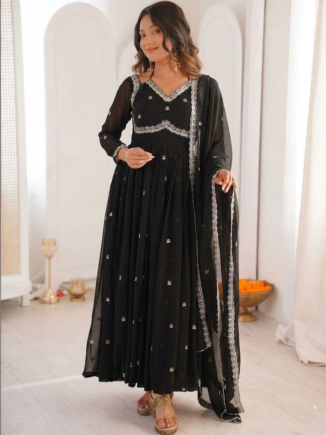 Moda Rapido Embroidered V-Neck A-Line Ethnic Dress with Dupatta - view 1