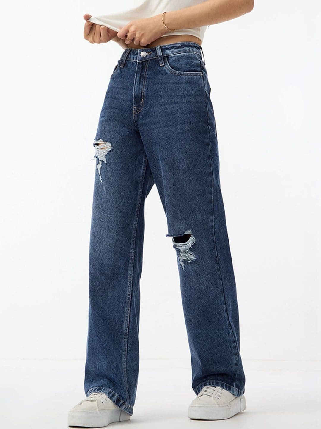 The Souled Store Sailor Blue Low Distress Light Fade Mid-Rise Straight Fit Jeans - view 1