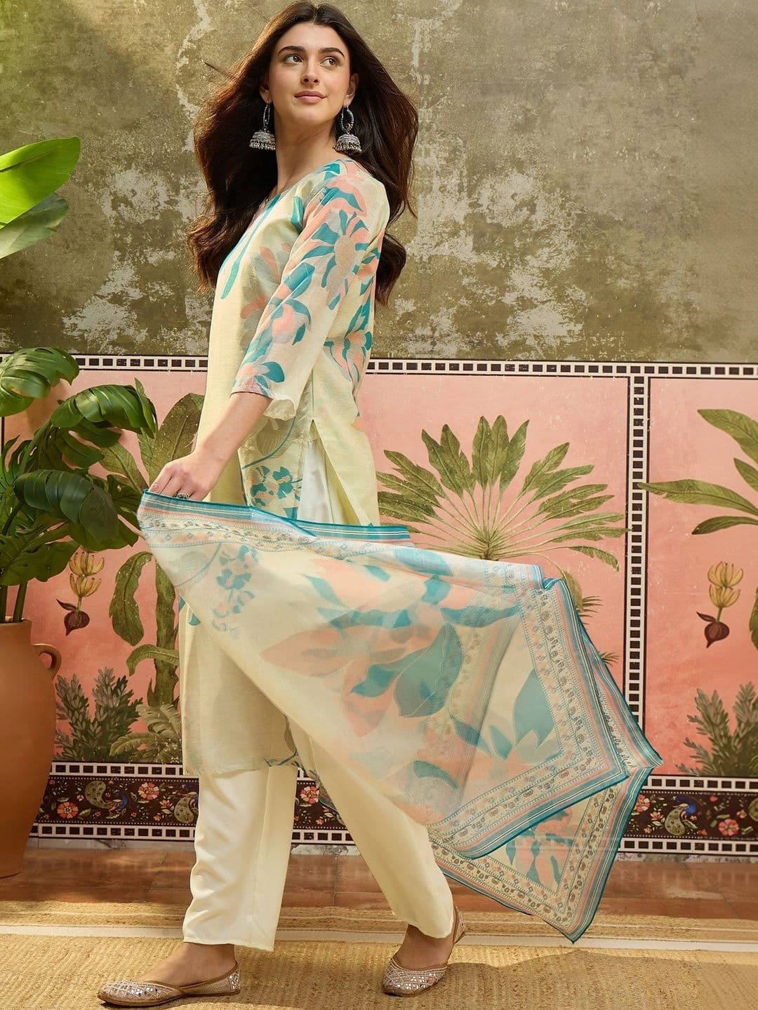 Sangria Women Floral Printed Regular Chanderi Silk Kurta with Trousers & With Dupatta - view 1