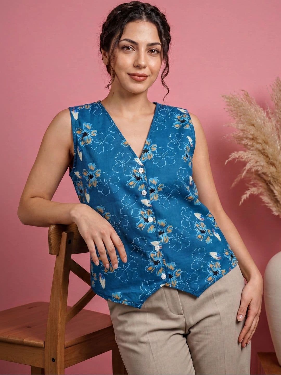 Klotden Floral Print Cotton Blend Top - view 1