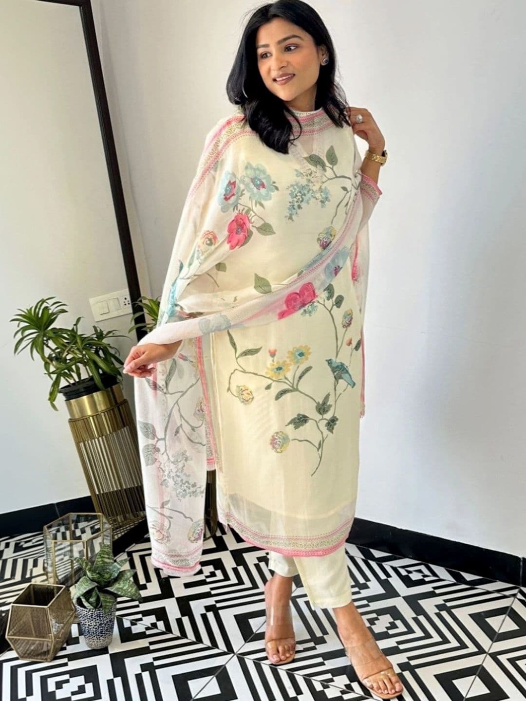Royal Export Floral Printed Thread Work Kurta with Trouser & Dupatta - view 1