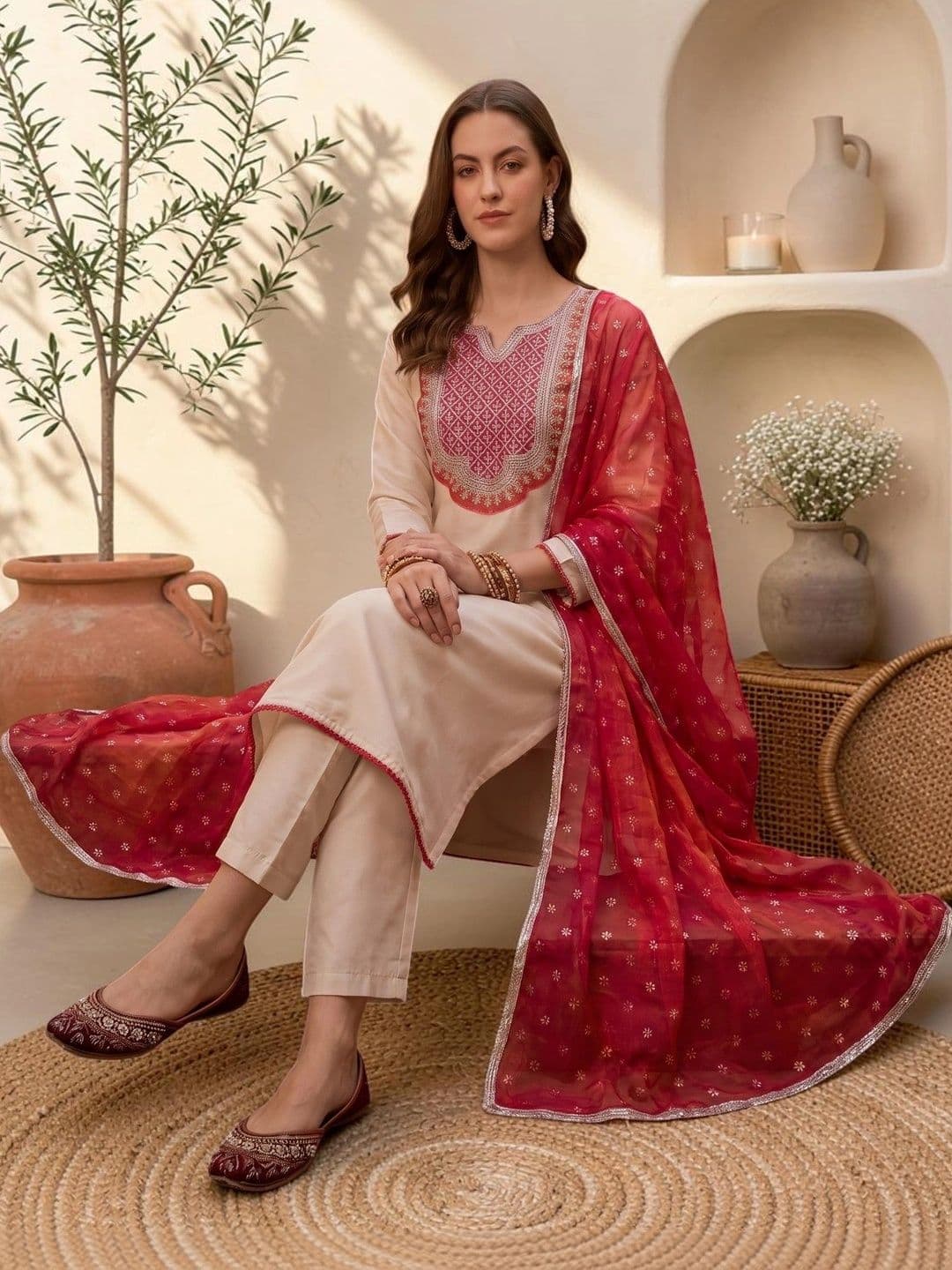 KALINI Women Ethnic Motifs Embroidered Regular Thread Work Kurta with Trousers & With Dupatta - view 1