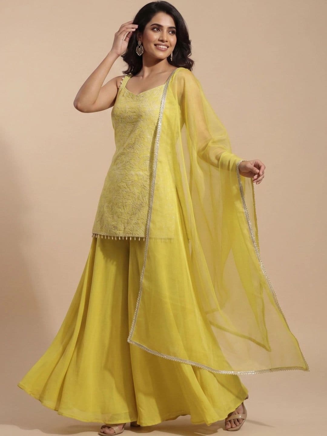 ftDiva Women Ethnic Motifs Embroidered Regular Thread Work Kurti with Sharara & With Dupatta - view 1