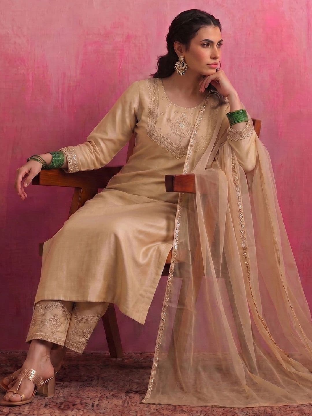 Varanga Women Ethnic Motifs Embroidered Regular Sequinned Kurta with Trousers & With Dupatta - view 1