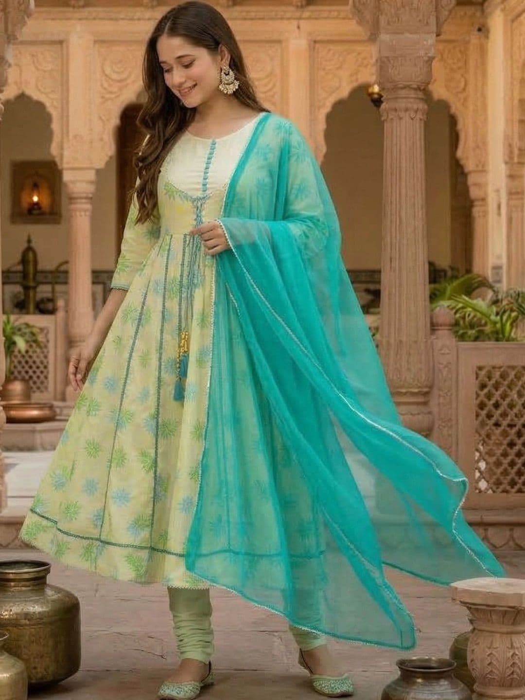 HERE&NOW Women Floral Printed Empire Kurta with Churidar & With Dupatta - view 1