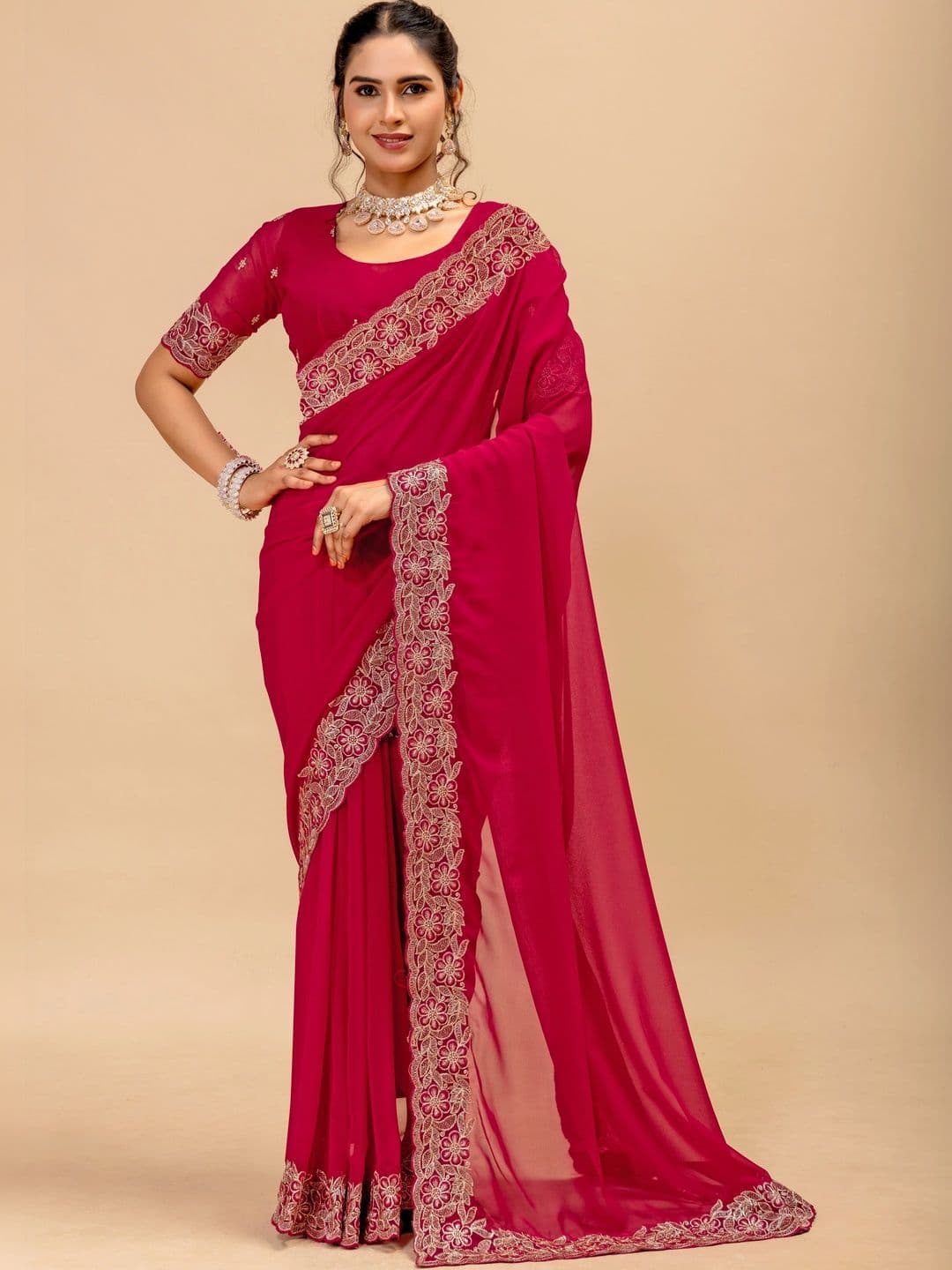 Vastra Drape Embellished Embroidered Poly Georgette Saree - view 1