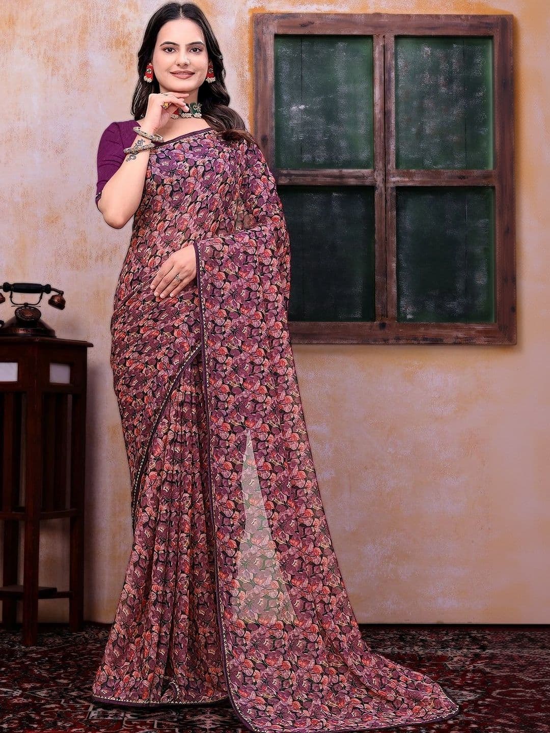 KANURIKAA Floral Poly Georgette Bandhani Saree - view 1
