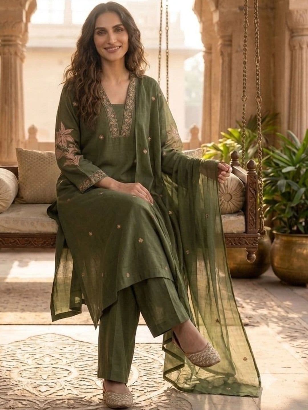 Sangria Women Ethnic Motifs Embroidered Regular Thread Work Pure Cotton Kurta with Palazzos & With Dupatta - view 1