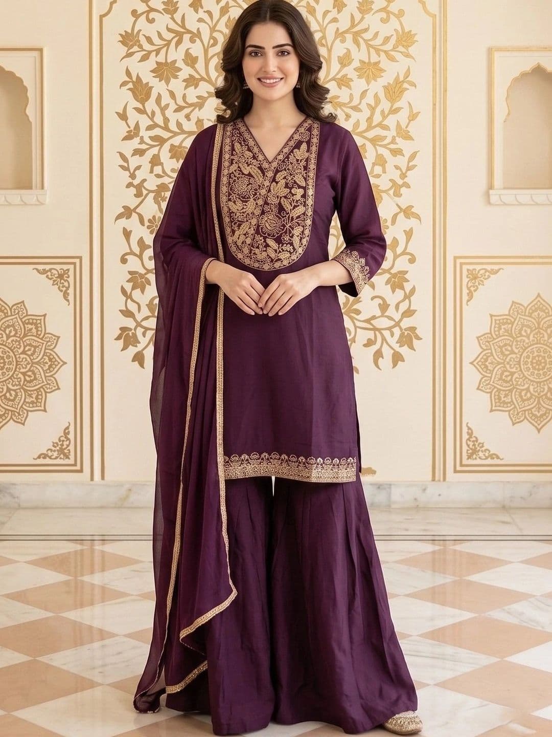 House of Pataudi Women Ethnic Motifs Embroidered Regular Thread Work Kurta with Sharara & With Dupatta - view 1