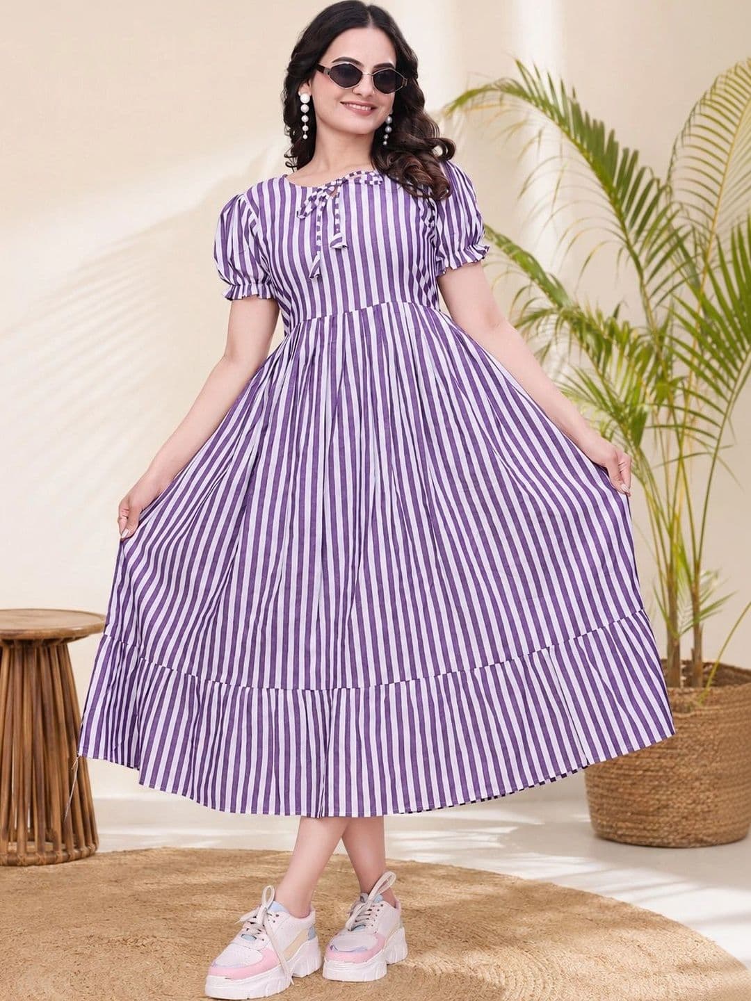 QENA Striped Puff Sleeve A-Line Midi Dress - view 1
