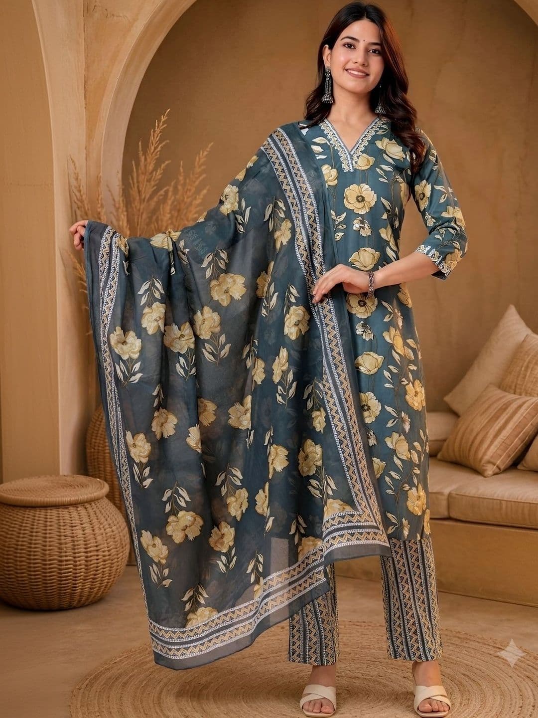 Anouk Rustic Women Floral Printed Regular Pure Cotton Kurta with Trousers & With Dupatta - view 1