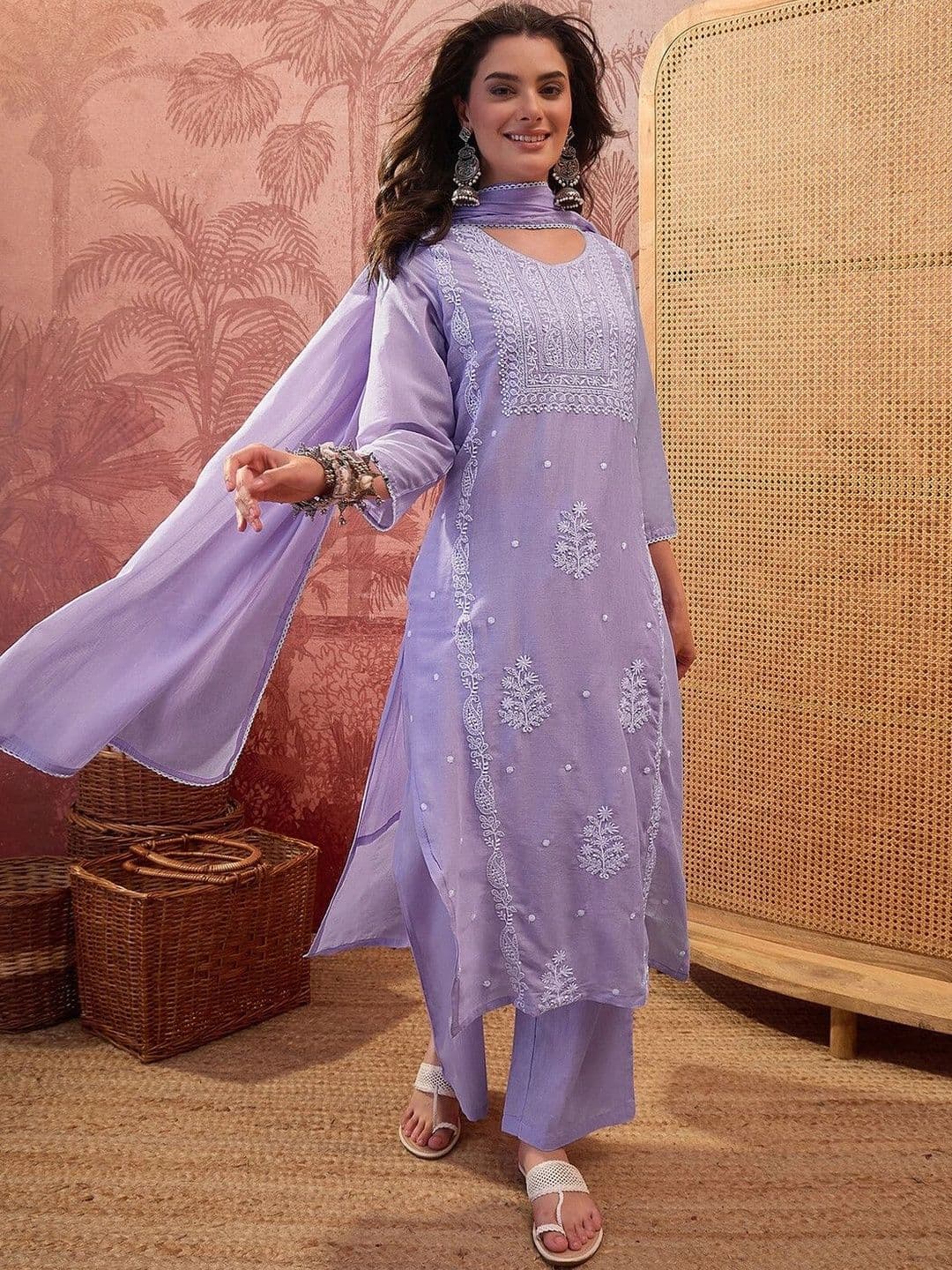 Sangria Women Ethnic Motifs Regular Chikankari Kurta with Palazzos & With Dupatta - view 1
