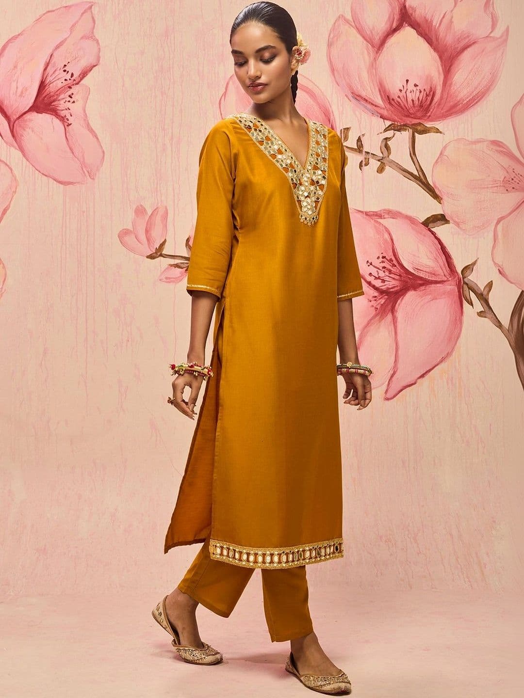 Libas Mustard Mirror Work Yoke Design Straight Kurta Set - view 1