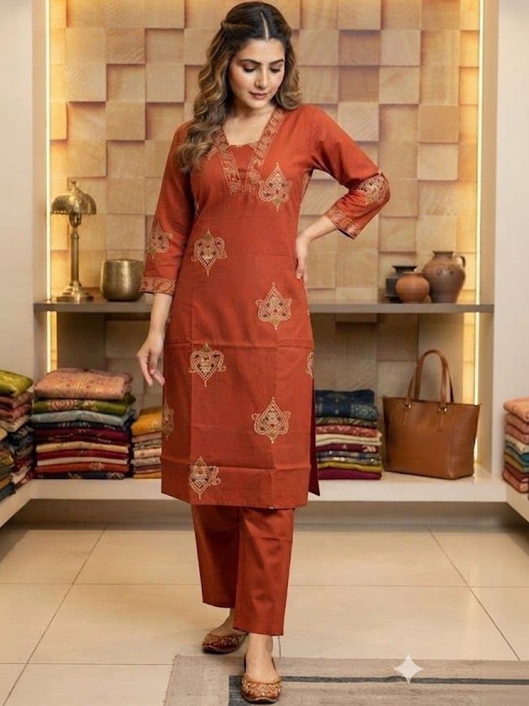 KIND STITCH Women Ethnic Motifs Embroidered Regular Thread Work Pure Cotton Kurta with Trousers - view 1