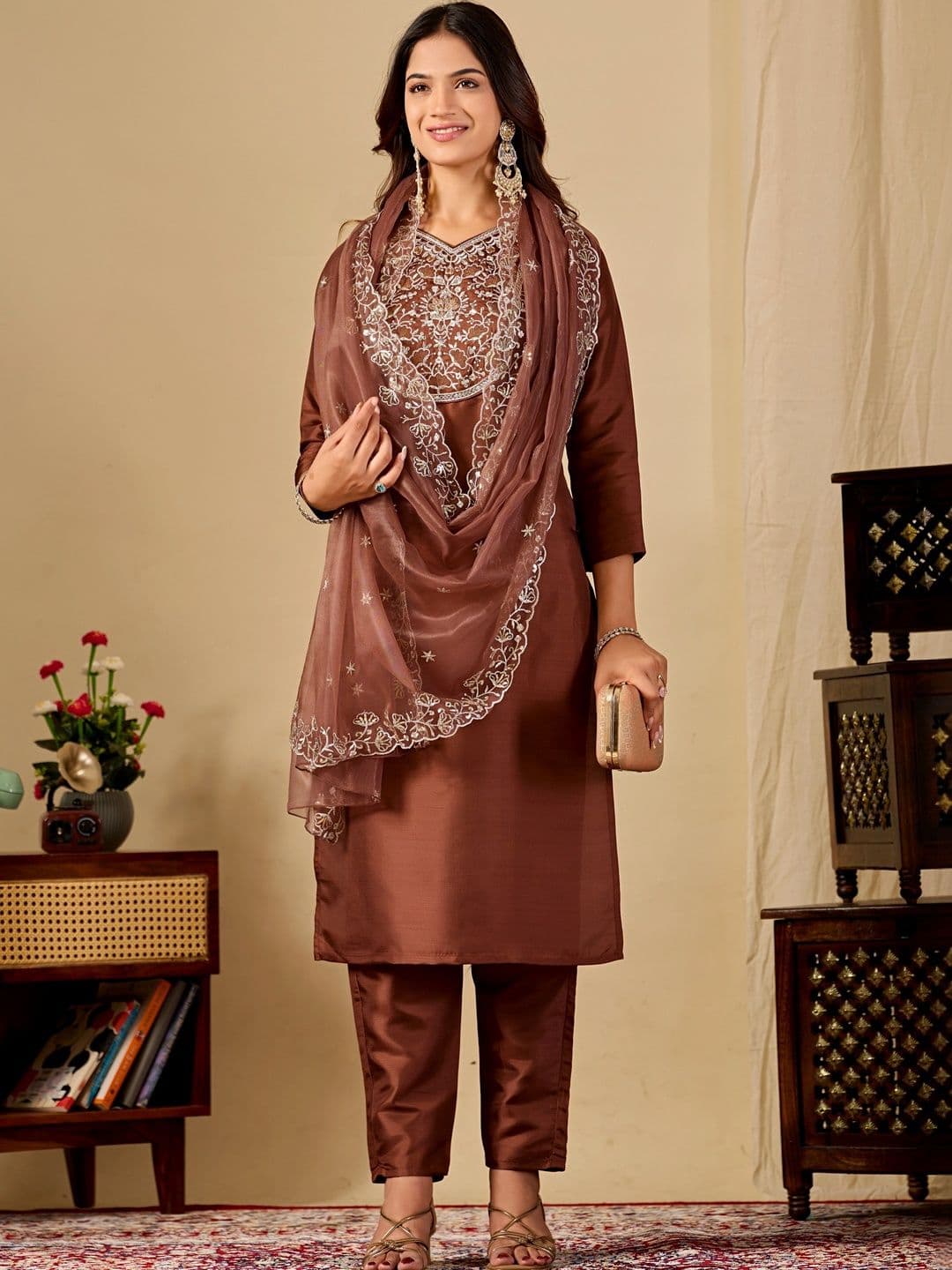 Sangria Women Ethnic Motifs Embroidered Regular Thread Work Kurta with Trousers & With Dupatta - view 1