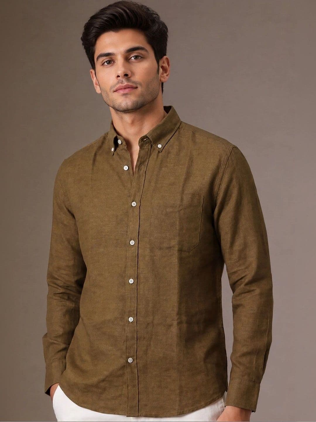 HERE&NOW Crest Brown Plain Button-Down Casual Shirt - view 1