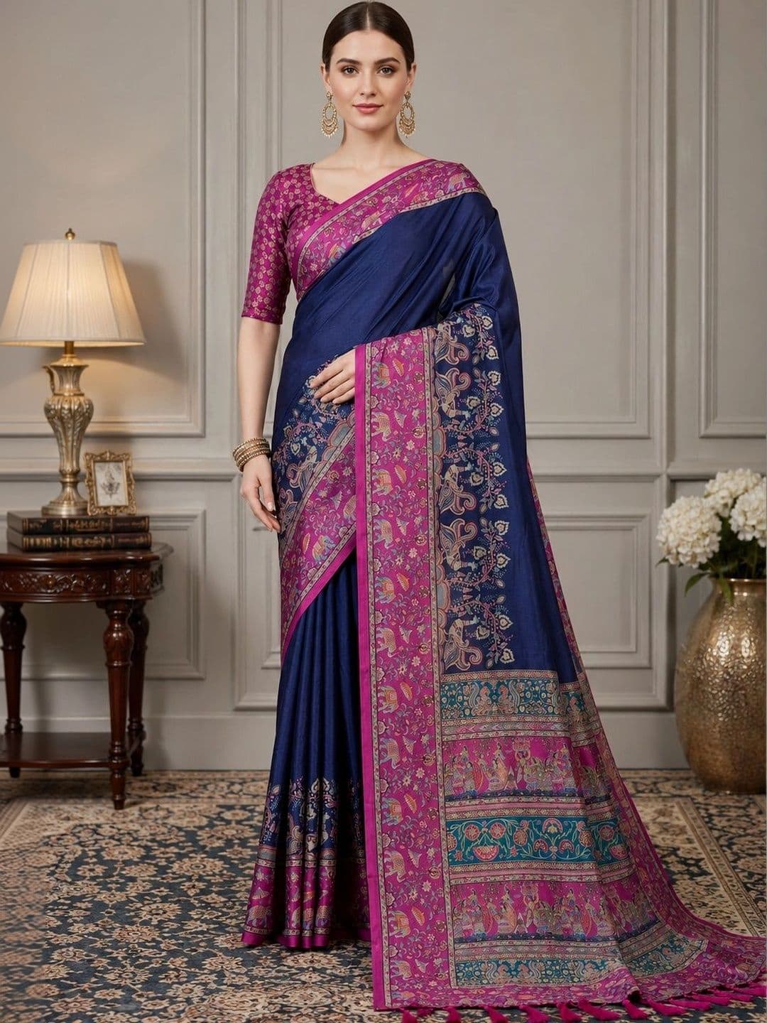 House of Pataudi Woven Design Zari Silk Blend Fusion Block Print Saree - view 1