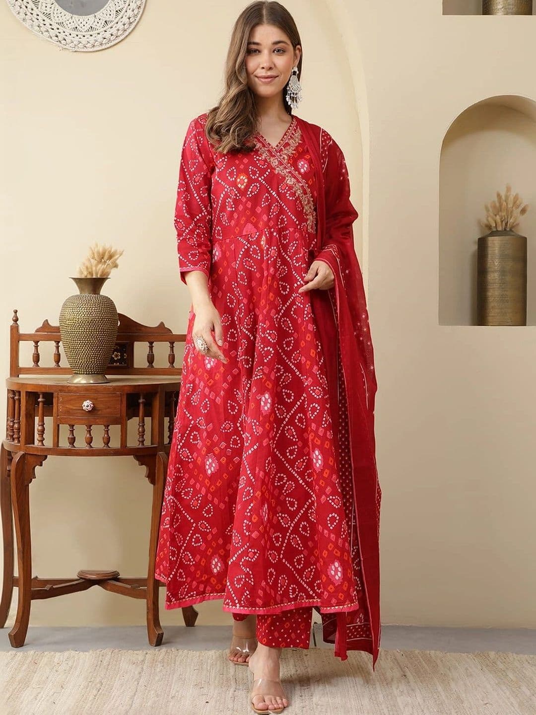 Sangria Women Bandhani Printed Angrakha Thread Work Pure Cotton Kurta with Trousers & With Dupatta - view 1