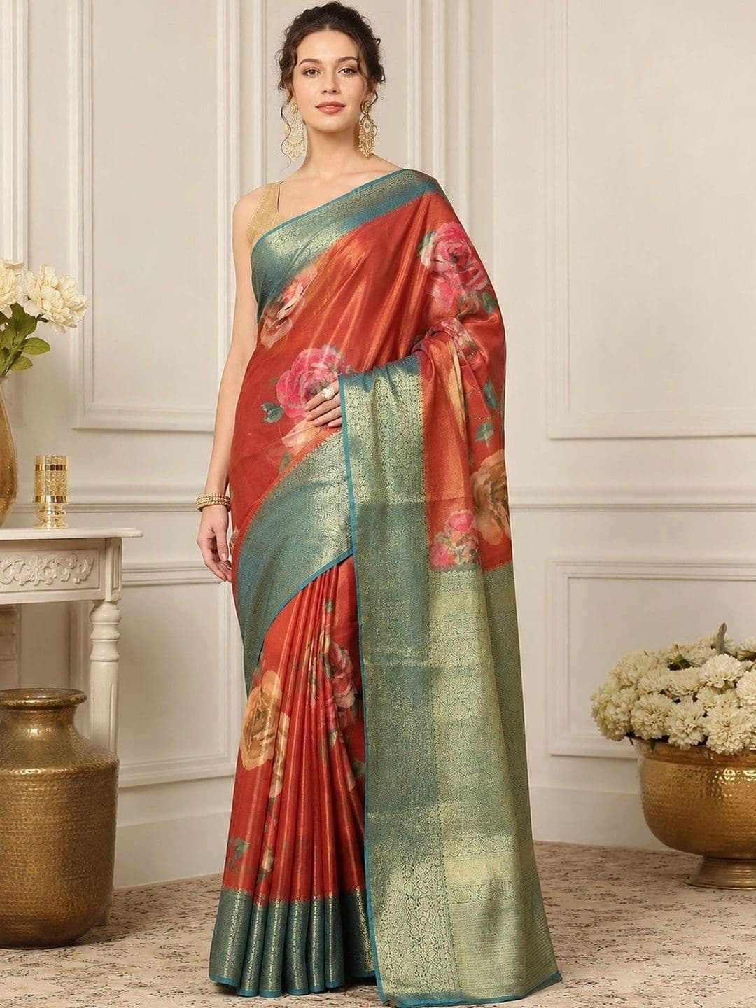 Mitera Floral Zari Silk Cotton Designer Kanjeevaram Saree - view 1