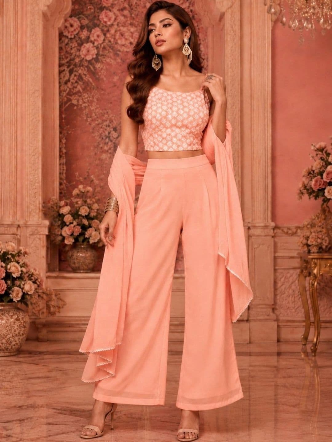 indo street Women Embroidered Cropped Top With Palazzo & Dupatta Co-Ords Set - view 1