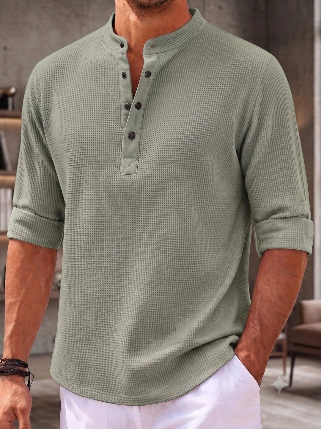 RUFICA Men Mandarin Collar Roll-Up Sleeves T-shirt - view 1