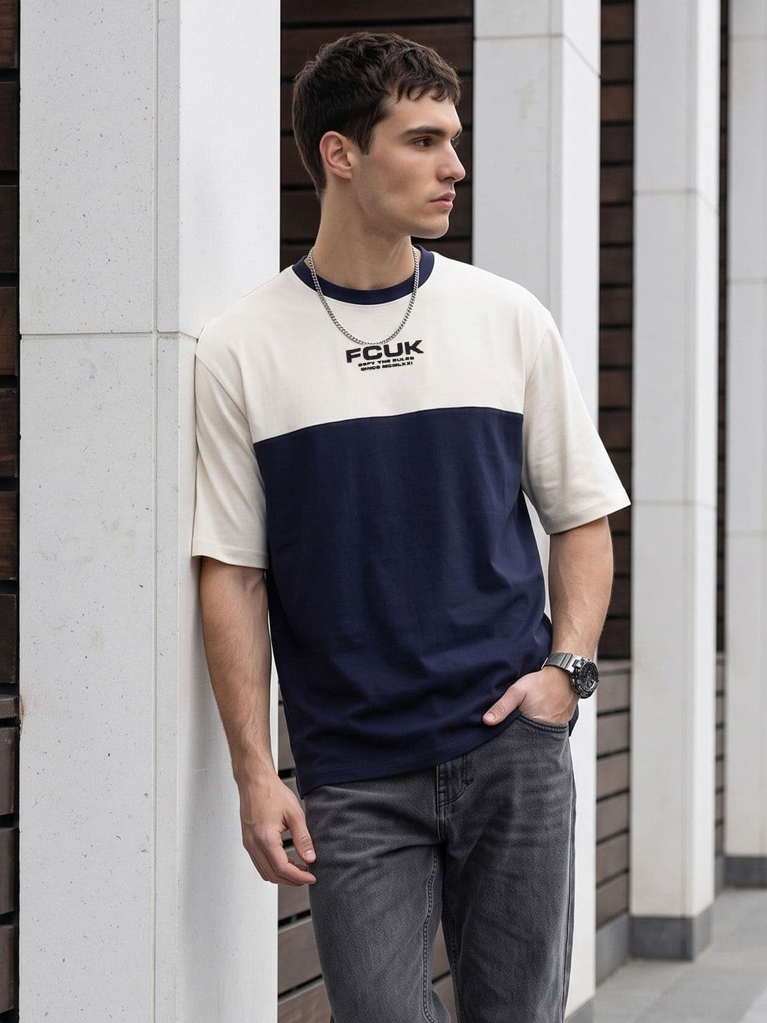 FCUK Oversized Colourblocked Pure Cotton T-Shirt - view 1