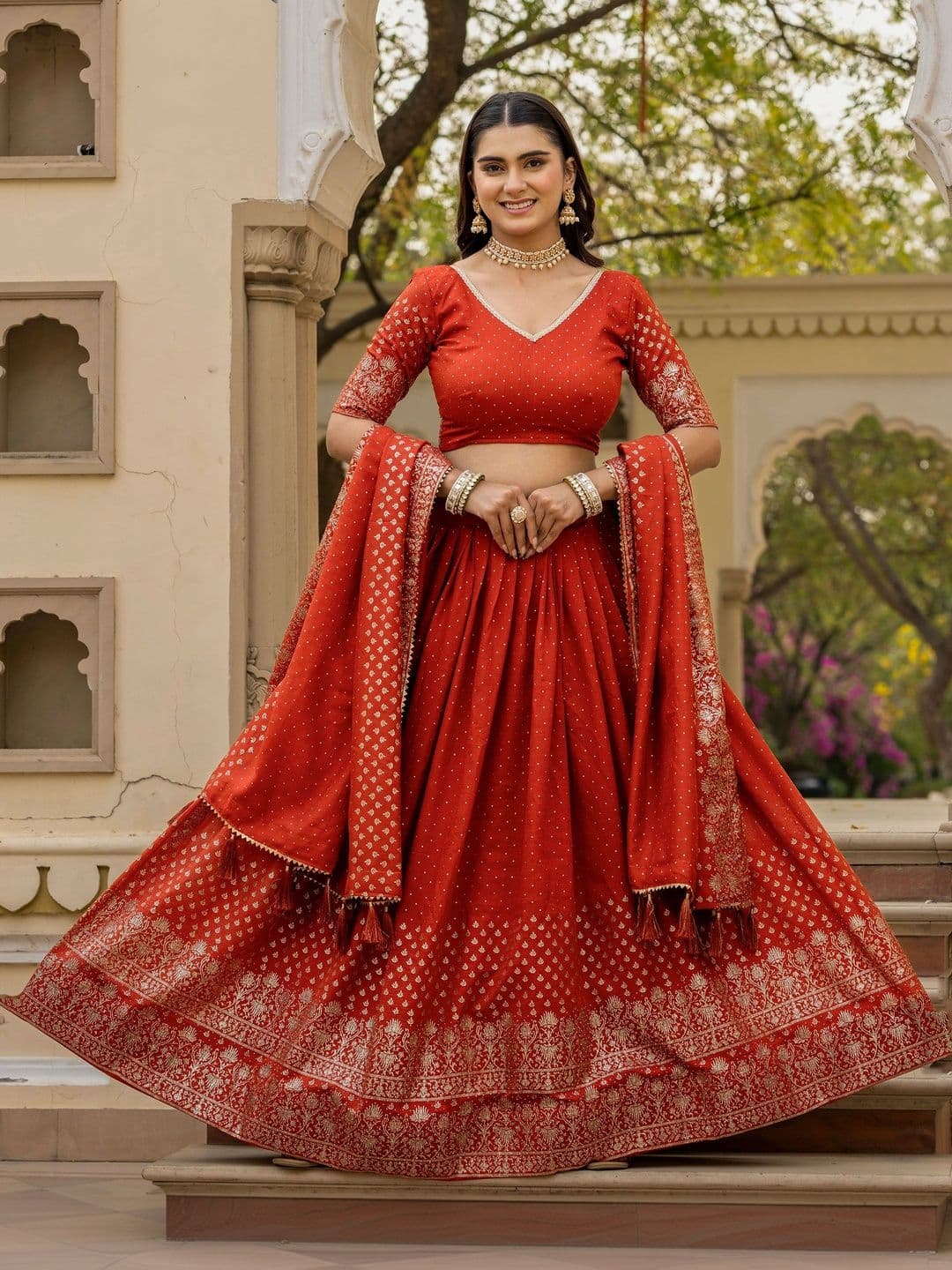 IVARIS Embroidered Thread Work Ready to Wear Lehenga & Unstitched Blouse With Dupatta - view 1