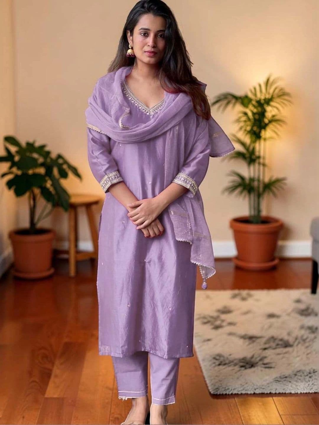 KALINI Women V-Neck Thread Work Cotton Silk Straight Kurta with Trousers & Dupatta - view 1