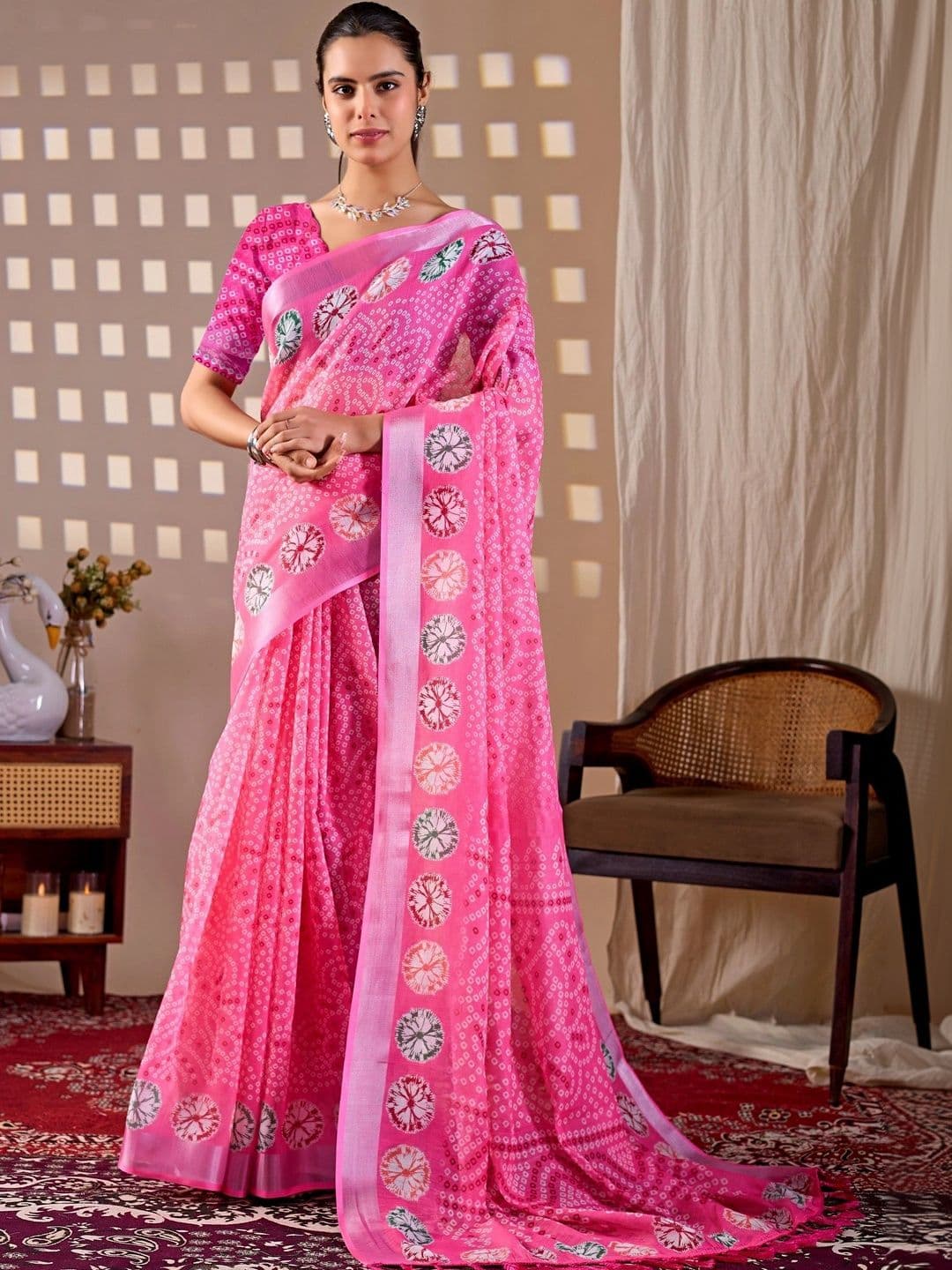 KALINI Bandhani Zari Linen Blend Designer Saree - view 1