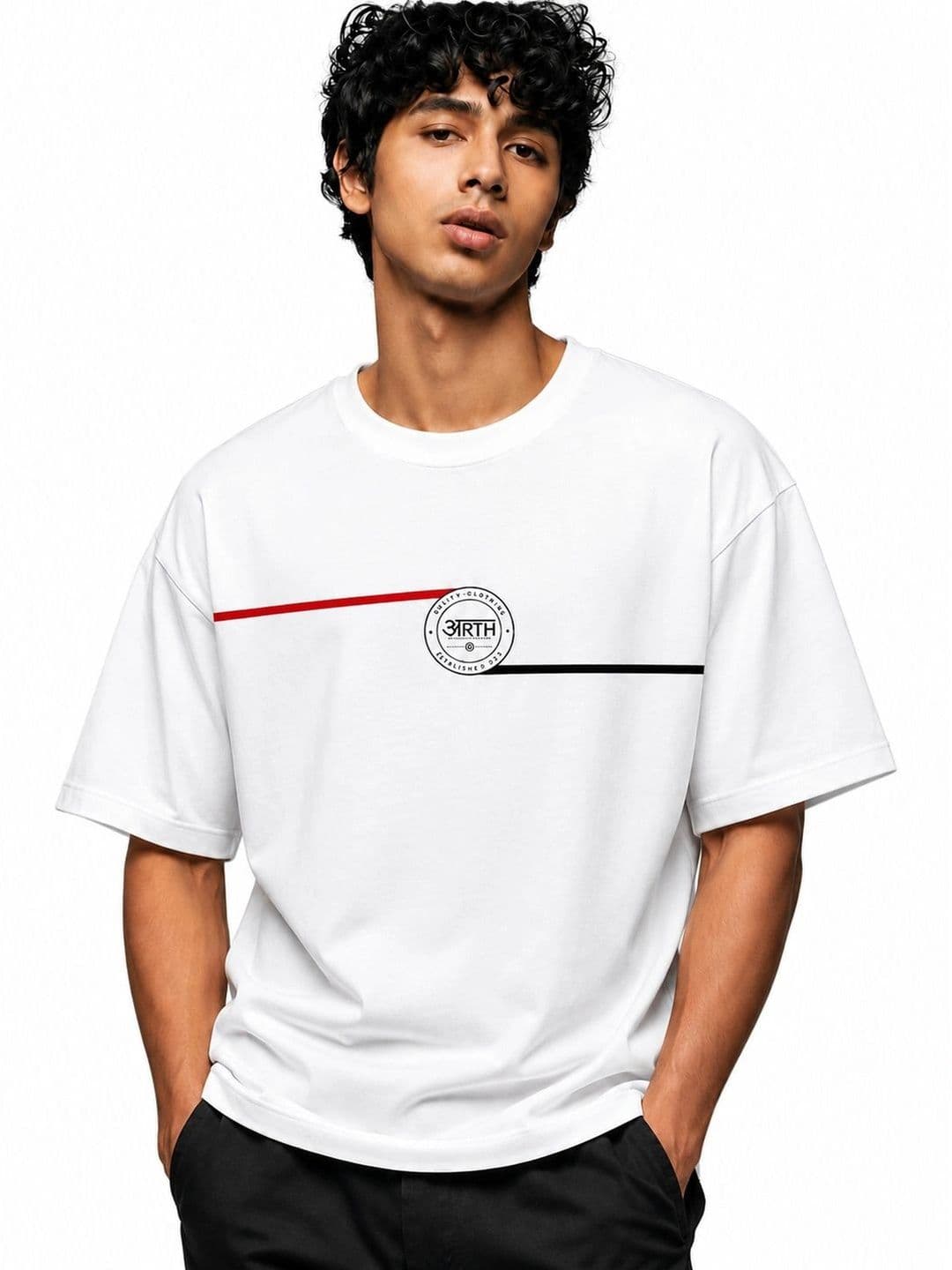 The Arth India Clothing Men Brand Logo Printed Drop-Shoulder Sleeves Pure Cotton T-shirt - view 1
