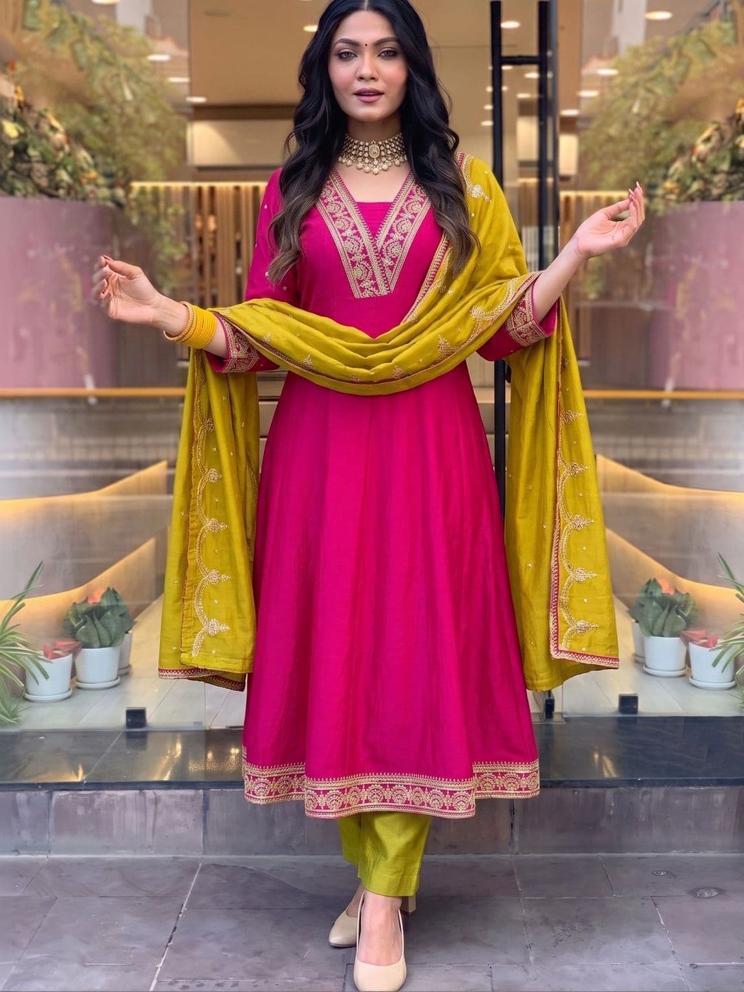 Anouk Women Ethnic Motifs Embroidered Panelled Kurta with Trousers & With Dupatta - view 1