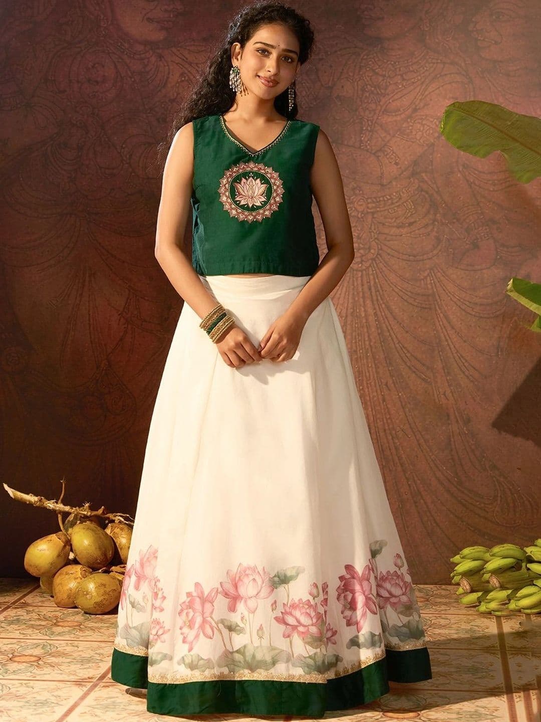 Maybell Women's Silk Blend Embroidered V-Neck Onam Theme Top with Skirt Set - view 1