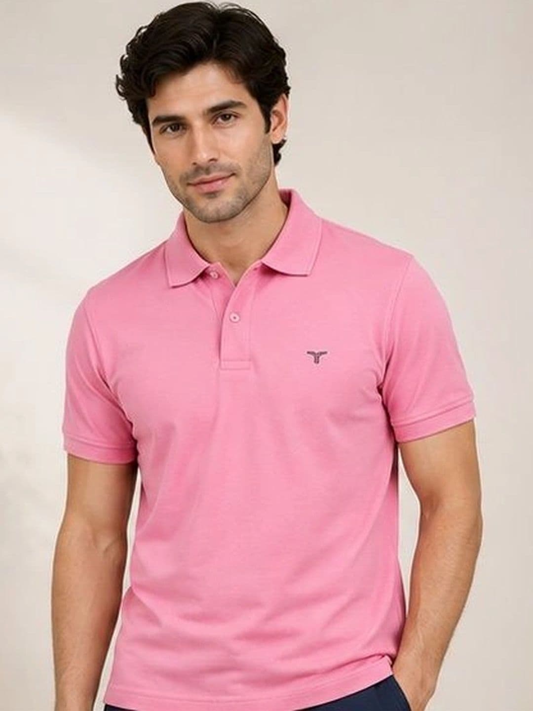 TIM COOPER Men's Pink Embroidered Logo Graphic Polo Collar T-shirt - view 1